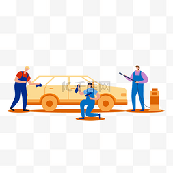 洗车美容工具图片_汽车和洗车工人扁平风格插画