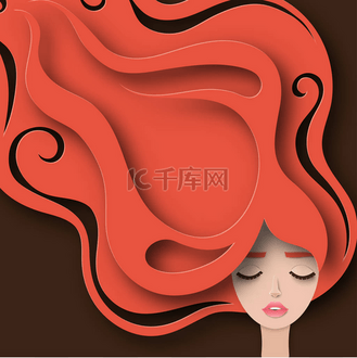 矢量肖像的年轻美丽的女人与长红卷发.现代数字纸层艺术.折纸风格.