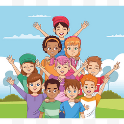 卡通群里图片_在公园里和一群孩子们一起庆祝友