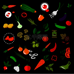 新鲜蔬菜的扁平图标，包括西红柿