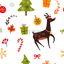 鹿与树矢量素材图片_无缝图案与驯鹿、圣诞装饰糖果、