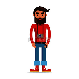 记者节logo图片_身着红色高领毛衣、蓝色牛仔裤和