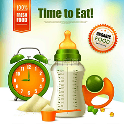 闹钟的图标图片_有机食品背景与闹钟摇铃婴儿奶瓶