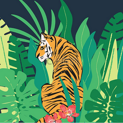 手绘平面植物矢量图片_手绘老虎与异国情调的热带树叶，