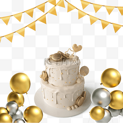 金色和银色气球装饰3d生日蛋糕庆