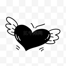 爱心手绘可爱图案图片_黑白涂鸦带翅膀的爱心