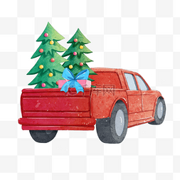 红色喜庆复古背景图片_圣诞卡车和圣诞树水彩