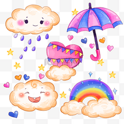 粉色卡通天空图片_雨天云朵彩虹水滴卡通水彩画