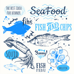 Hand-drawn sketch seafood: fish, lobster, cla