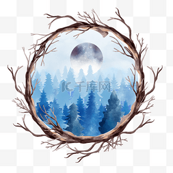 蓝色霜图片_月亮和森林被树枝花环围绕