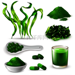 绿色的胶囊图片_螺旋藻逼真套装海藻补充剂胶囊饮