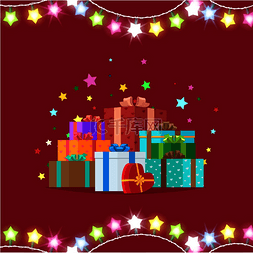 圣诞节装饰矢量图图片_花环和礼品盒，顶部和底部的星形