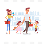快乐的家庭购物-父母与快乐的孩子。大减价采购货物和礼品。平面矢量插画, 卡通设计.