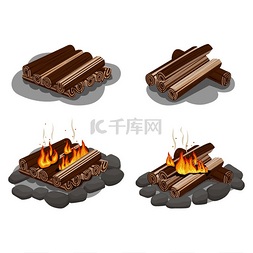 火的卡通图片_设置四个篝火插图的木柴，两个点