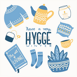 Hygge 概念与彩色手写字体和插图设