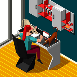办公桌背景图片_工作过程中的女人和办公桌等距背