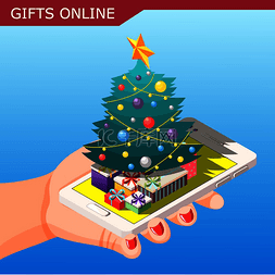 红色背景电话图片_蓝色背景的圣诞礼物在线等距构图