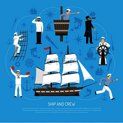 帆船海报背景图片_老式多桅帆船图标组合海报与水手