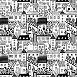 黑白城市模式涂鸦纹理可爱的复古小镇线条艺术建筑房地产住宅建筑有窗户和鲜花的房子矢量无缝城市背景黑白城市模式涂鸦纹理可爱的