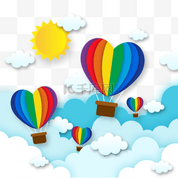 热气球云层图片_可爱云层彩虹心形剪纸热气球