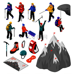 旅游工具图片_登山等距旅游设备和登山者角色在