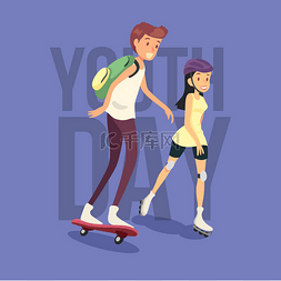 五四青年游街图片_年轻的男孩和女孩有乐趣骑到滑板