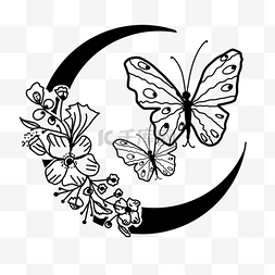 画的黑色线图片_漂亮蝴蝶月亮和花卉剪影画