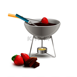 巧克力火锅配草莓在烹饪器具中，