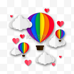 白色云朵彩虹配色剪纸热气球