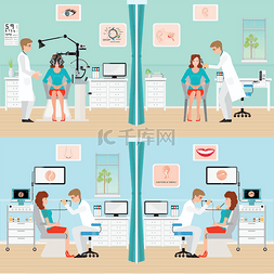 卡通医生与病人图片_医生检查病人与内窥镜和 Phoropter.