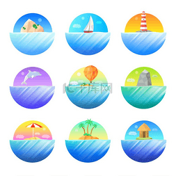 热带岛屿圆形彩色图标集。