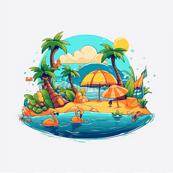 炎热夏季卡通图片_夏季太阳伞海滩椰树