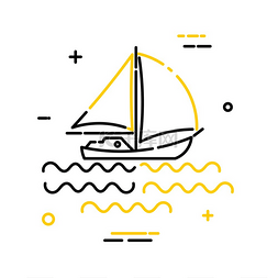 线性帆船图片_白色背景上的扁平线性简单游艇图