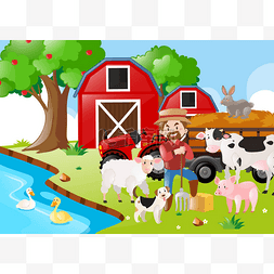 手绘农夫图片_农夫和动物的河边的农场现场