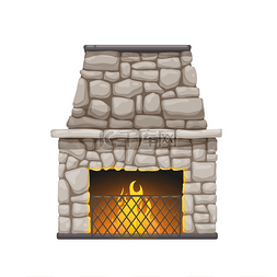 带烟囱的图片_石制壁炉或带烟囱和燃烧火焰的火
