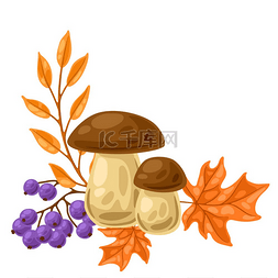 树蘑菇图片_与秋天植物的背景。