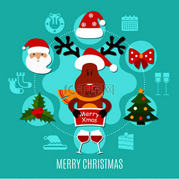 红色丝带庆祝图片_圣诞快乐，圆形构图，包括圣诞老