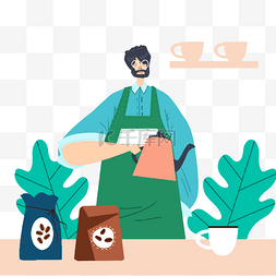 扁平植物绿色插画图片_咖啡师咖啡制作咖啡调制概念插画