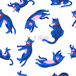 蓝猫或豹子的无缝图案。B.病媒.