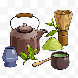 复古茶具插画图片_抹茶茶具组合插画风格绿色