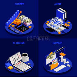 蓝色背景金融图片_会计等轴测设计概念与预算和审计