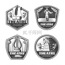 中年女演员的图片图片_复古经典剧院徽章舞台纸卷轴和竖