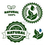 带有多汁绿叶、水滴和丝带横幅的天然产品标签和徽章。