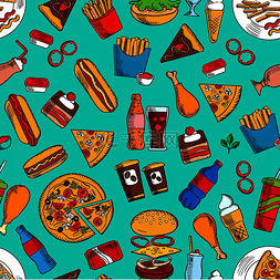 披萨汉堡饮料图片_快餐三明治、饮料和甜点的无缝图
