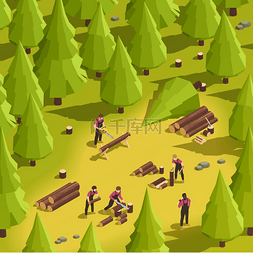 中英文排版图片_伐木工人用斧头手锯电锯在森林 3d
