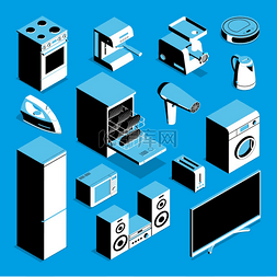 机器设备矢量图片_等距家用电器树颜色集带有家用机