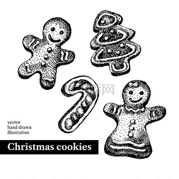 手绘素描圣诞饼干。