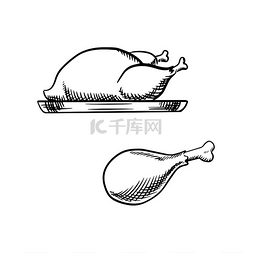 托盘上的整只烤鸡或火鸡和炸鸡腿