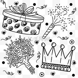 盒子蛋糕线稿图片_线稿生日涂鸦礼物礼花皇冠鲜花