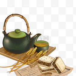 茶具套件图片_秋季秋分茶壶茶杯茶具麦穗